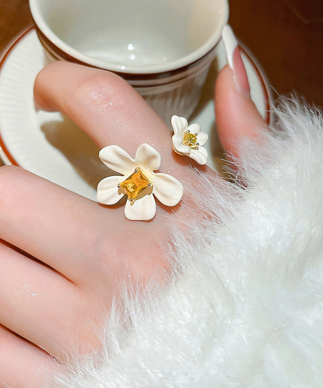 Open Zircon Overgild White Copper Elegant Rings Acrylic Floral