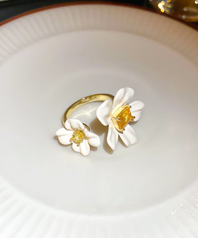 Open Zircon Overgild White Copper Elegant Rings Acrylic Floral