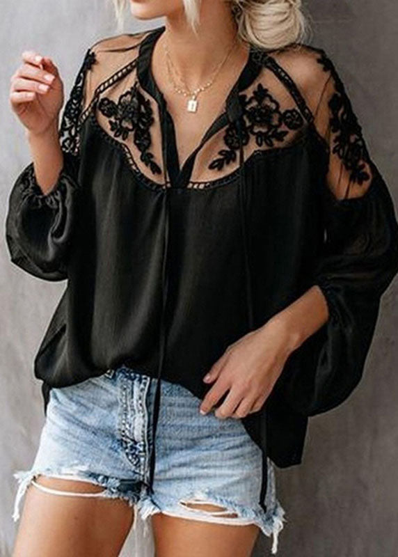 Lantern Tops V Fashion Neck Floral Chiffon Sleeve Black