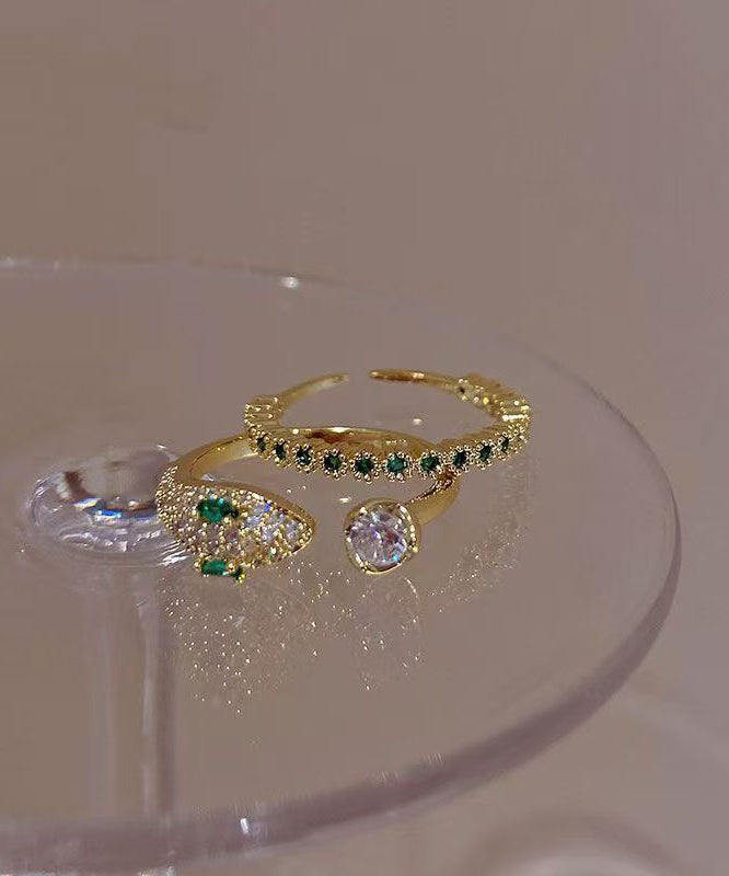 Overgild Gem Fashion Two-Piece Zircon Open Set Stone Gold Rings Silver Sterling