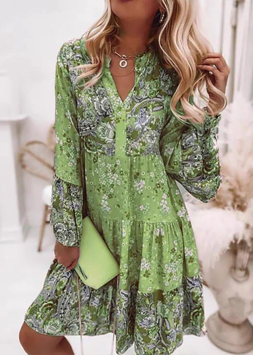 Wholesale SampleFashion Pink V Neck Print Wrinkled Mid Dresses Fall