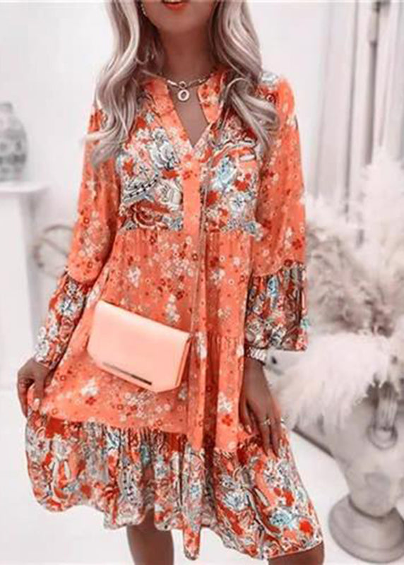 Wholesale SampleFashion Pink V Neck Print Wrinkled Mid Dresses Fall