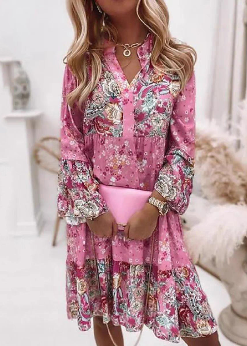 SampleFashion Pink V Neck Print Wrinkled Mid Dresses Fall
