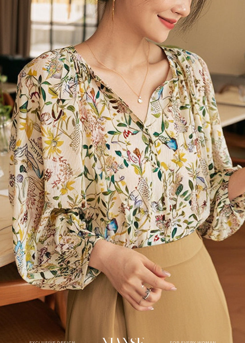 SampleFashion V Neck Print Shirts Lantern Sleeve