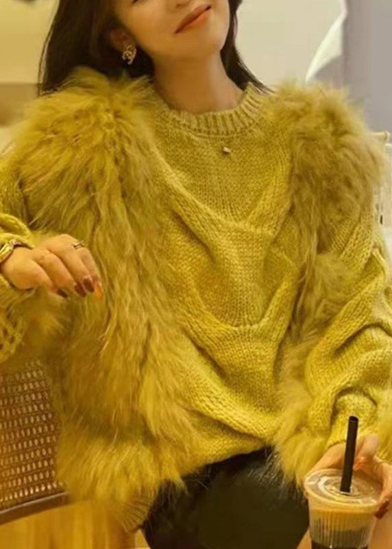 Fuzzy Sweaters Yellow O-Neck Fashion Cozy Fall Cotton Fur Fluffy Knit