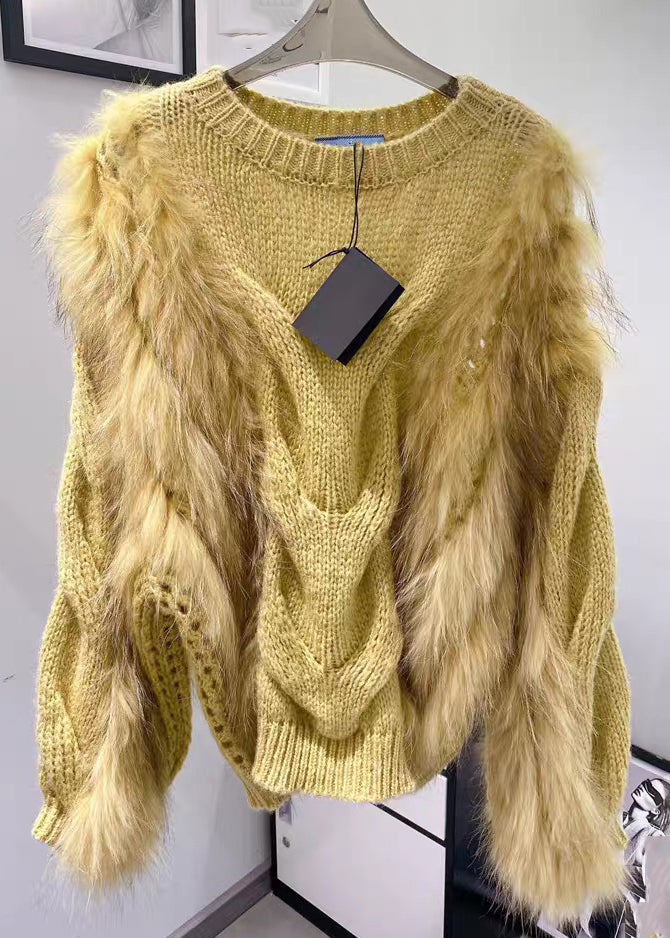 Fuzzy Sweaters Yellow O-Neck Fashion Cozy Fall Cotton Fur Fluffy Knit