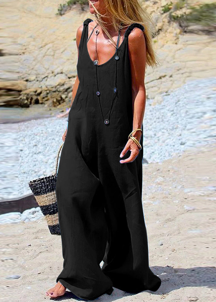 SampleFemale Navy Blue Sleeveless Wide leg Side Button Jumpsuit
