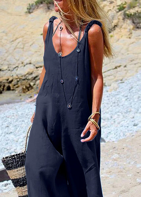 SampleFemale Navy Blue Sleeveless Wide leg Side Button Jumpsuit
