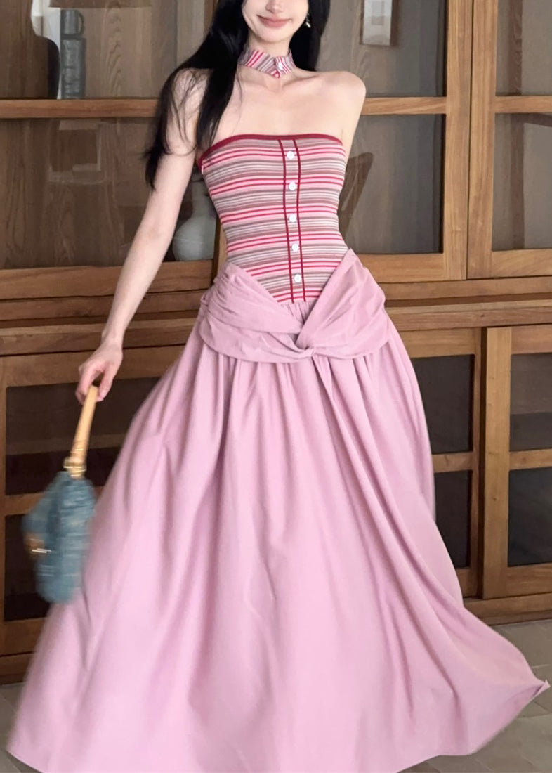 Wholesale SampleFine Pink Striped Patchwork Fake Two Pieces Long Dress Summer