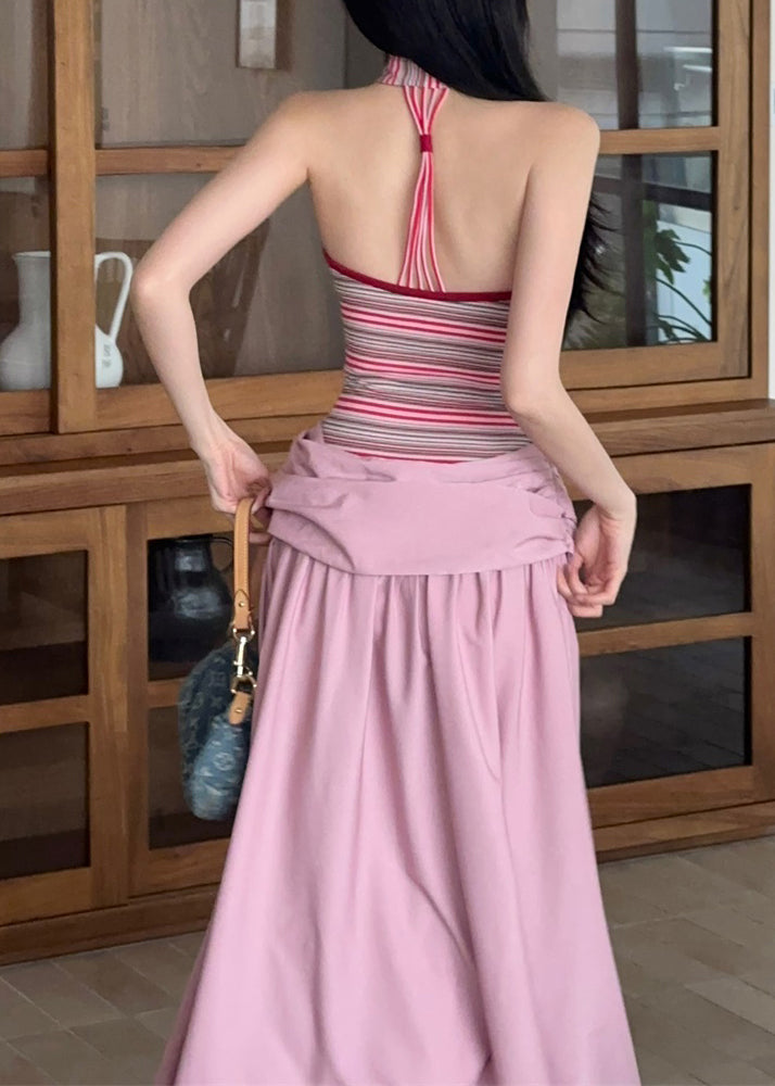 Wholesale SampleFine Pink Striped Patchwork Fake Two Pieces Long Dress Summer