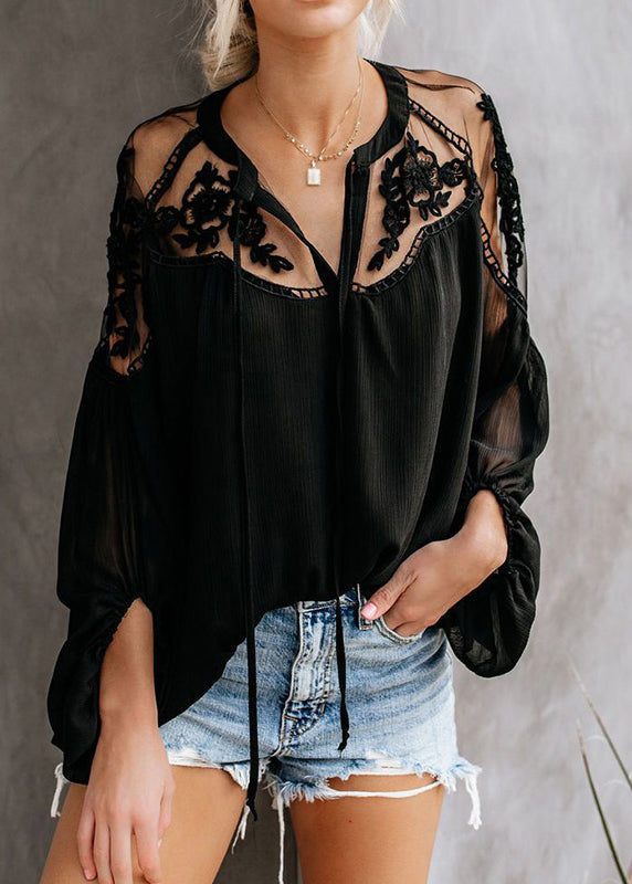 V Fine Fall Neck Lace White Patchwork Shirt
