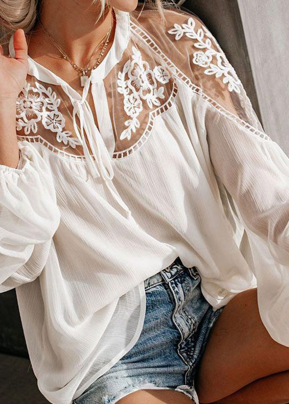 V Fine Fall Neck Lace White Patchwork Shirt