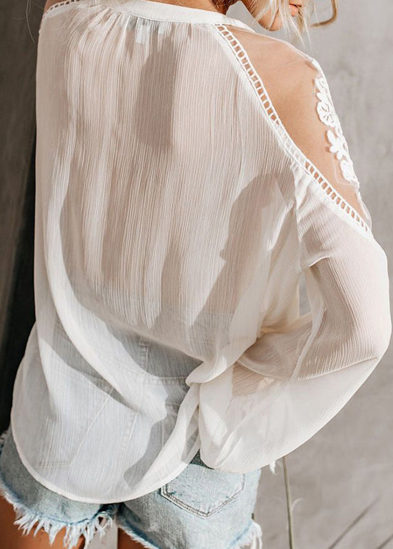 V Fine Fall Neck Lace White Patchwork Shirt