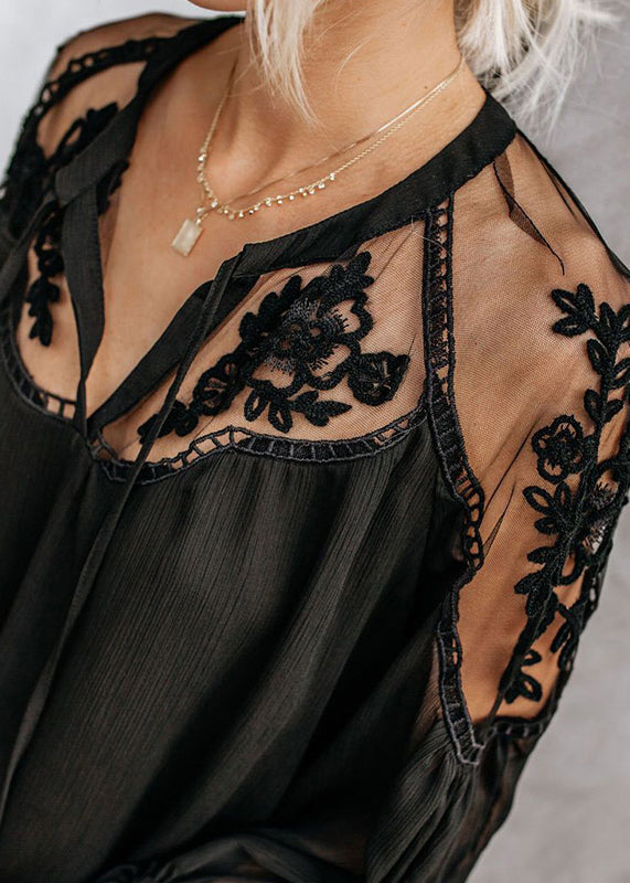 V Fine Fall Neck Lace White Patchwork Shirt