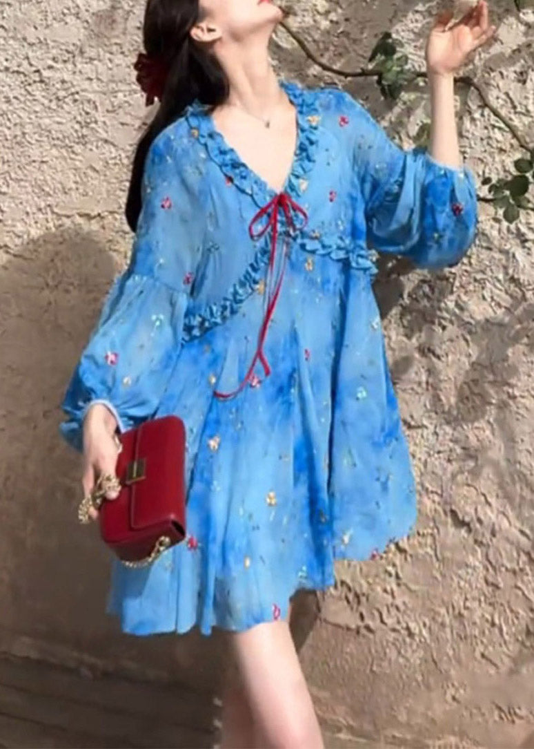 Wholesale SampleFrench Blue Ruffled Puff Sleeve Print Chiffon Dresses