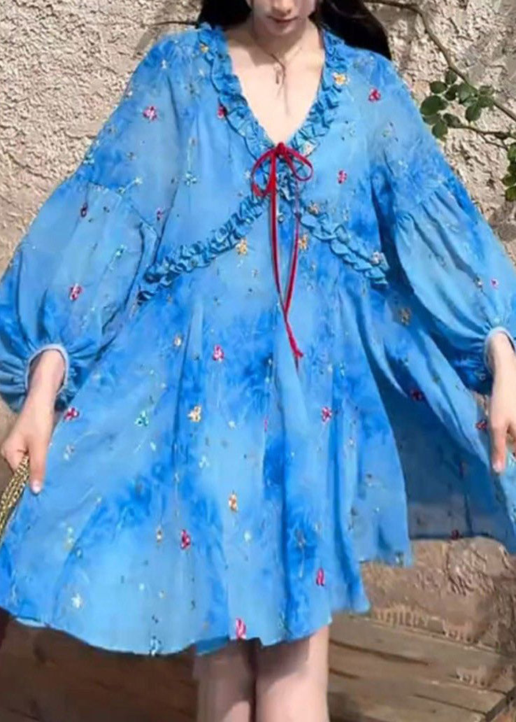 Wholesale SampleFrench Blue Ruffled Puff Sleeve Print Chiffon Dresses