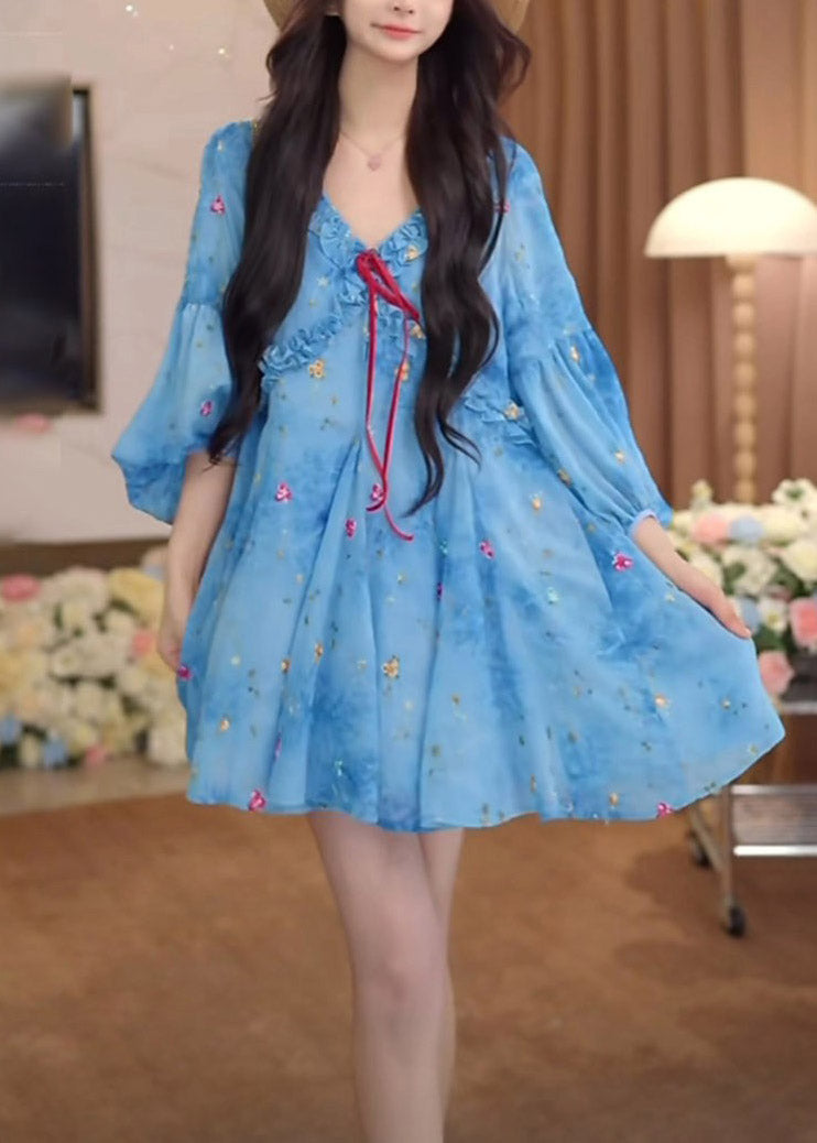 Wholesale SampleFrench Blue Ruffled Puff Sleeve Print Chiffon Dresses