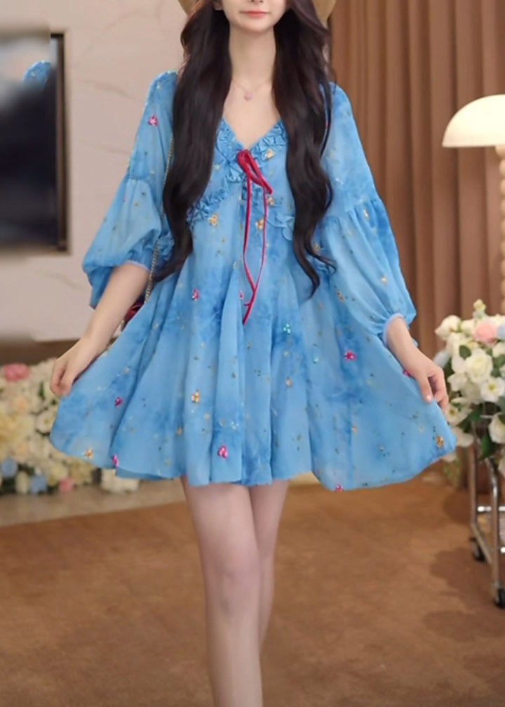 French Blue Ruffled Puff Sleeve Print Chiffon Dresses