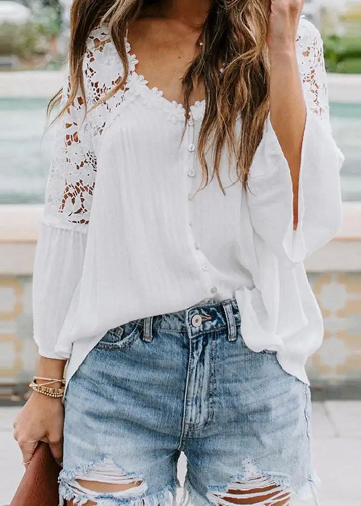 White Flare Patchwork Shirts French Sleeve Lace