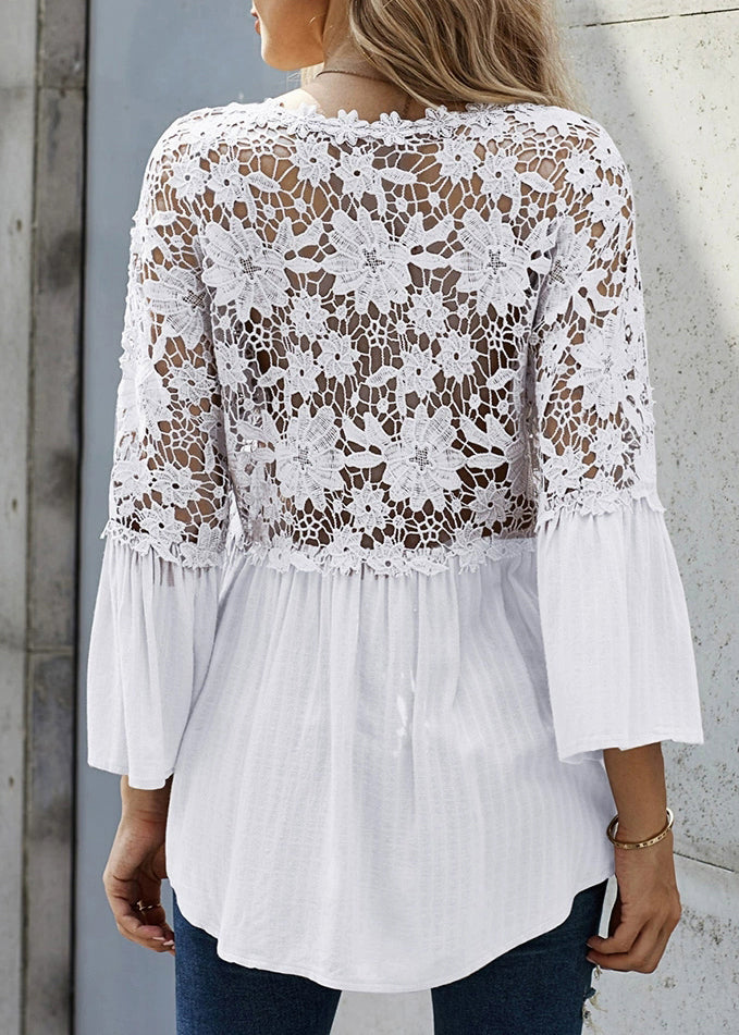 White Flare Patchwork Shirts French Sleeve Lace