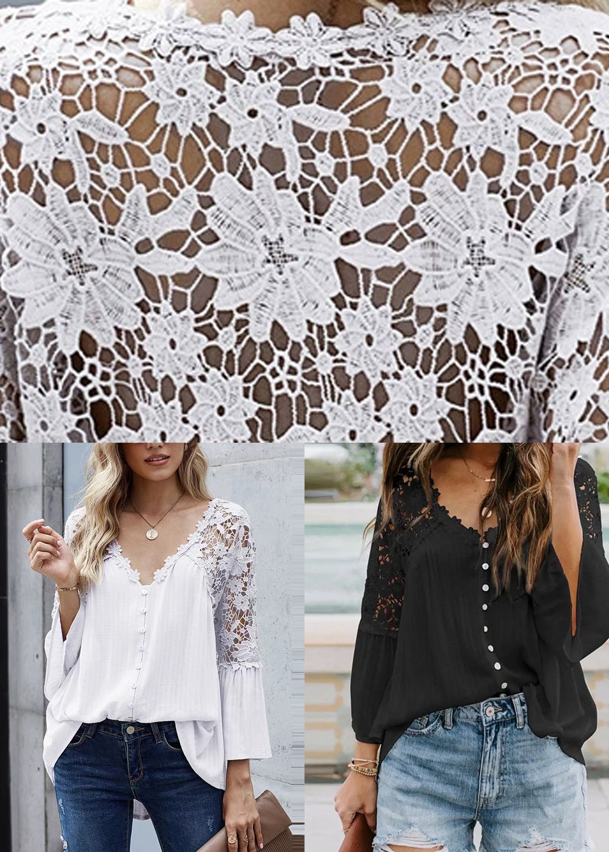 White Flare Patchwork Shirts French Sleeve Lace