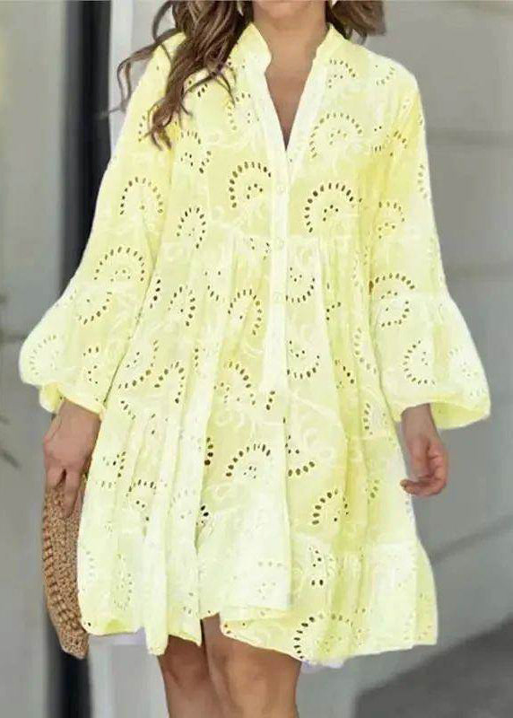 White French Fall Neck Holiday Out Hollow Long Dress Lace V