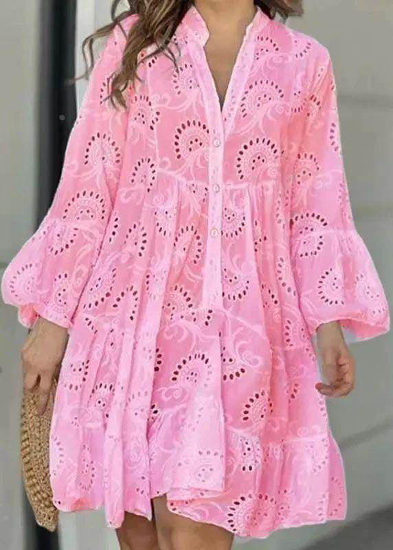 White French Fall Neck Holiday Out Hollow Long Dress Lace V