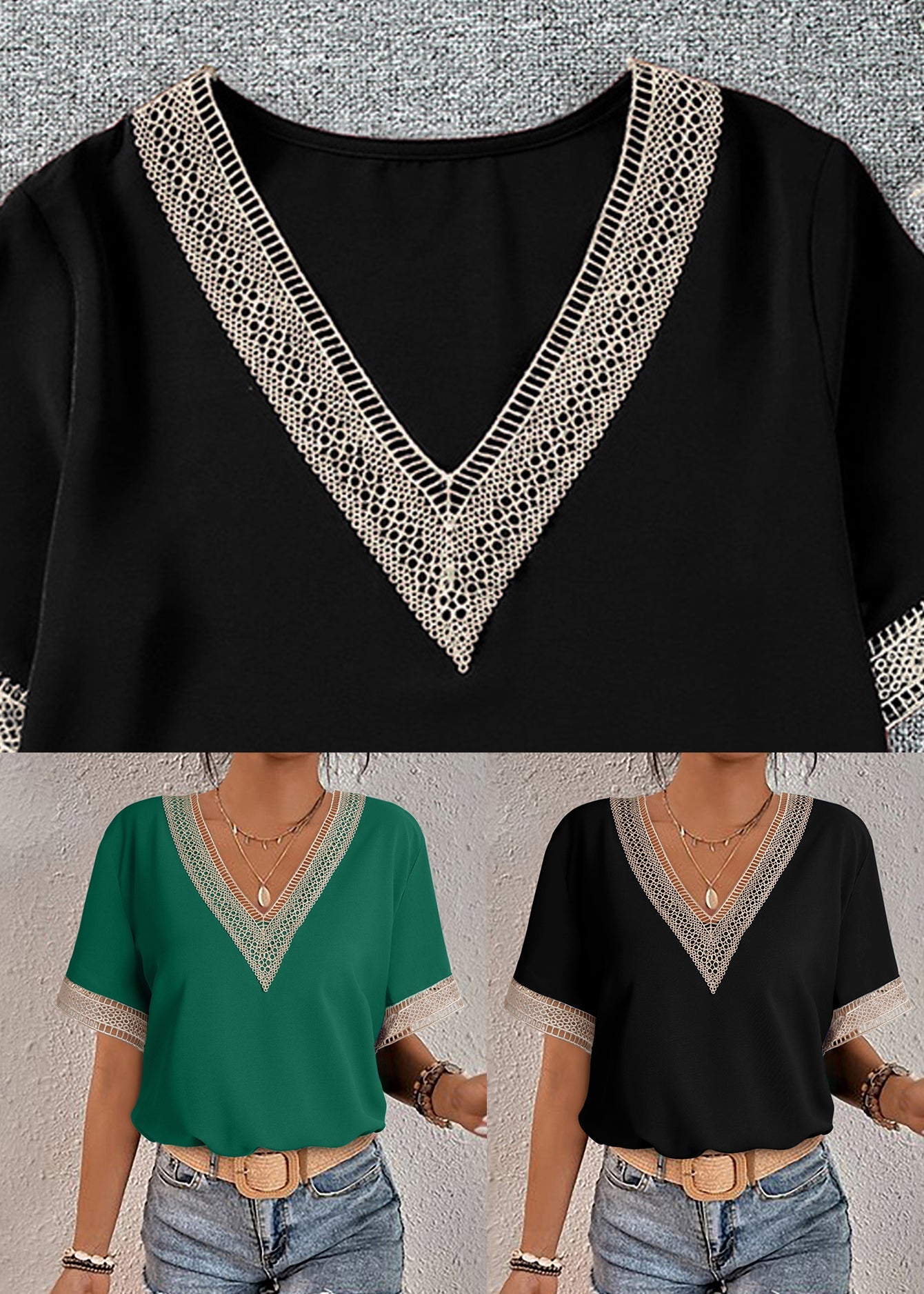 Out Tops Green Hollow V Short Sleeve Neck