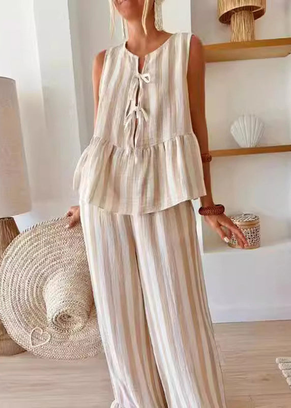 O-Neck Two Top Camel Pants Set Summer Striped Leg Handmade Wide Pieces And