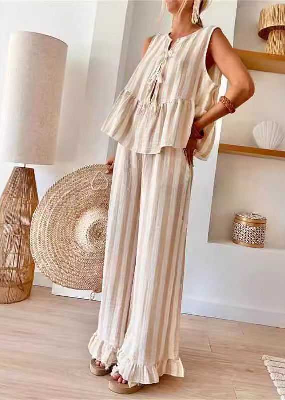 O-Neck Two Top Camel Pants Set Summer Striped Leg Handmade Wide Pieces And