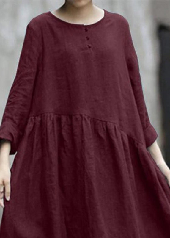 SampleHandmade Red O-Neck Patchwork Pockets Robe Dresses Fall