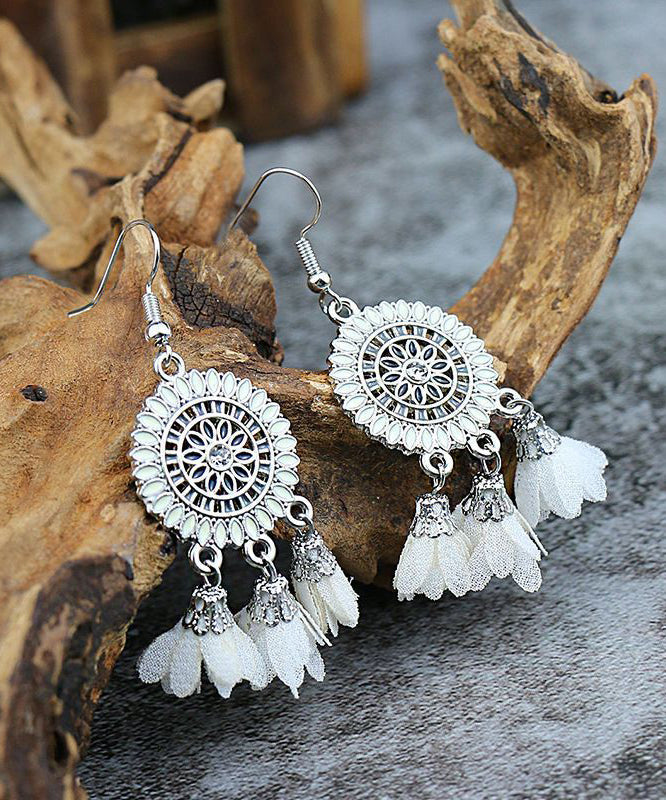 Drop Silver White Chiffon Sterling Zircon Tassel Floral Earrings Handmade