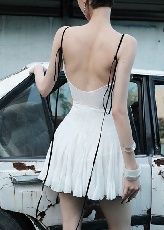 Wholesale SampleItalian White Stand Collar Tulle Mid Spaghetti Strap Dress Sleeveless
