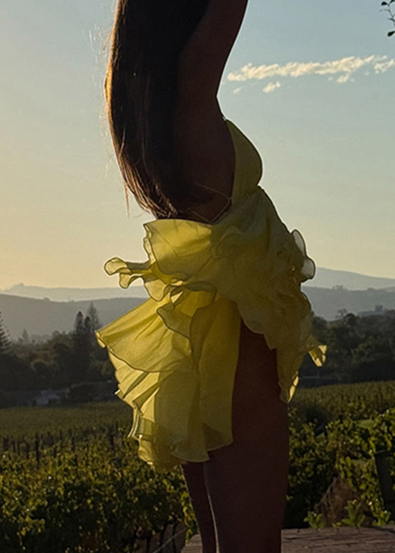 SampleItalian Yellow V Neck Patchwork Backless Mid Spaghetti Strap Dress Summer