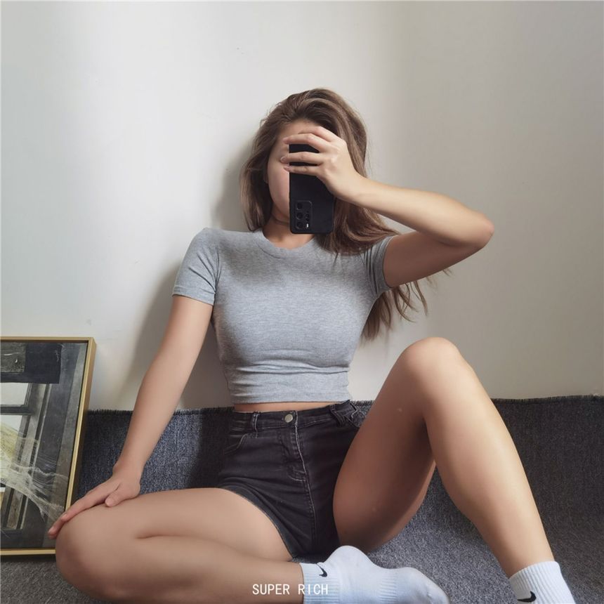 Top Cropped Short-Sleeve Plain
