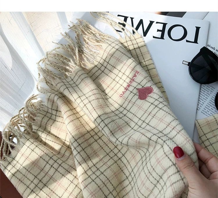 Scarf Heart Embroidered Plaid