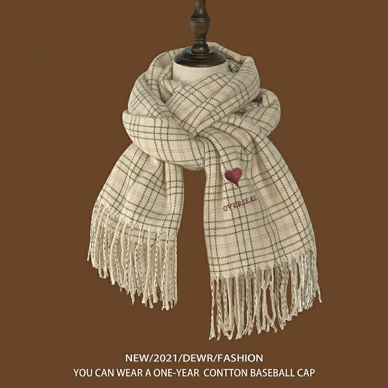 Scarf Heart Embroidered Plaid