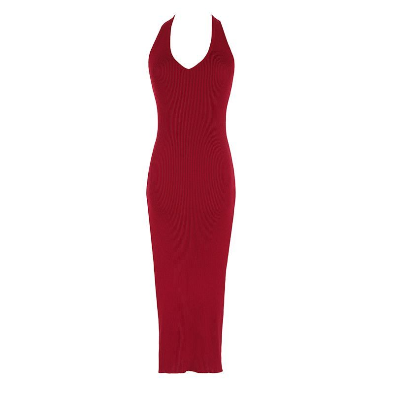 Halter V-Neck Slim-Fit Plain Sleeveless Dress