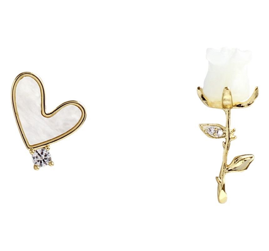 Earring Flower Heart Asymmetrical Alloy Shell