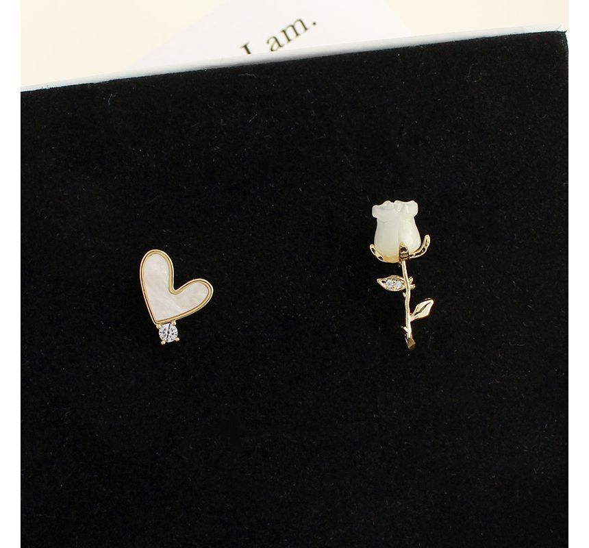 Earring Flower Heart Asymmetrical Alloy Shell
