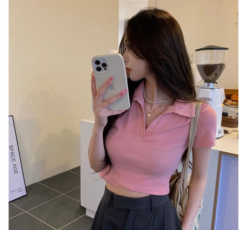 Crop Plain Short-Sleeve Top Polo