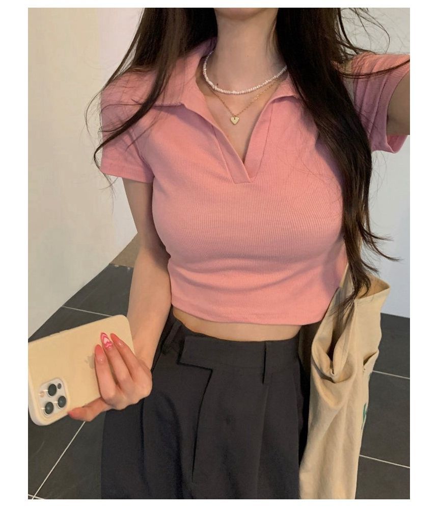 Crop Plain Short-Sleeve Top Polo