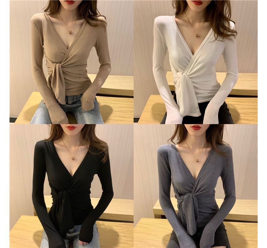 Knot Long-Sleeve V-Neck Plain Slim-Fit Top