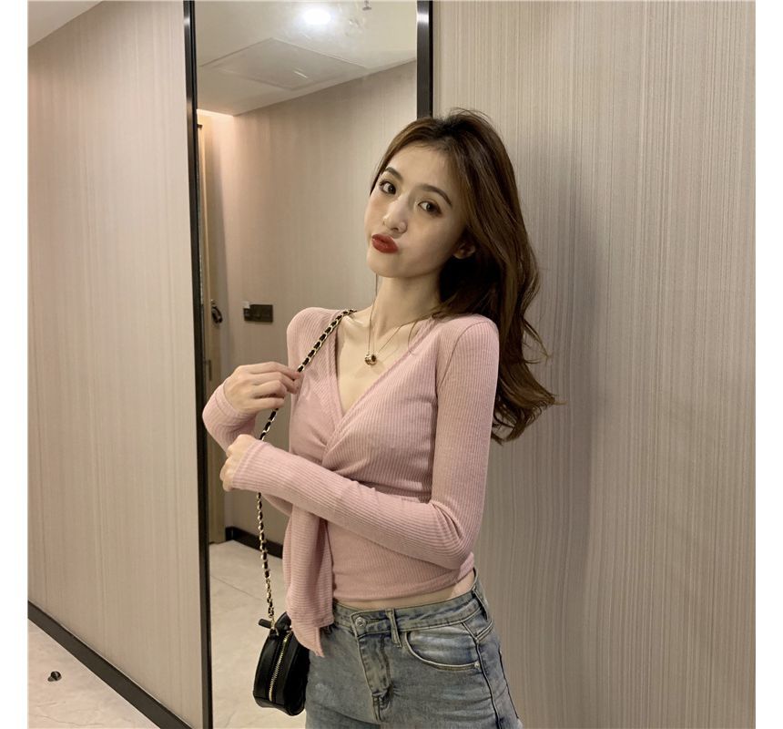 Knot Long-Sleeve V-Neck Plain Slim-Fit Top