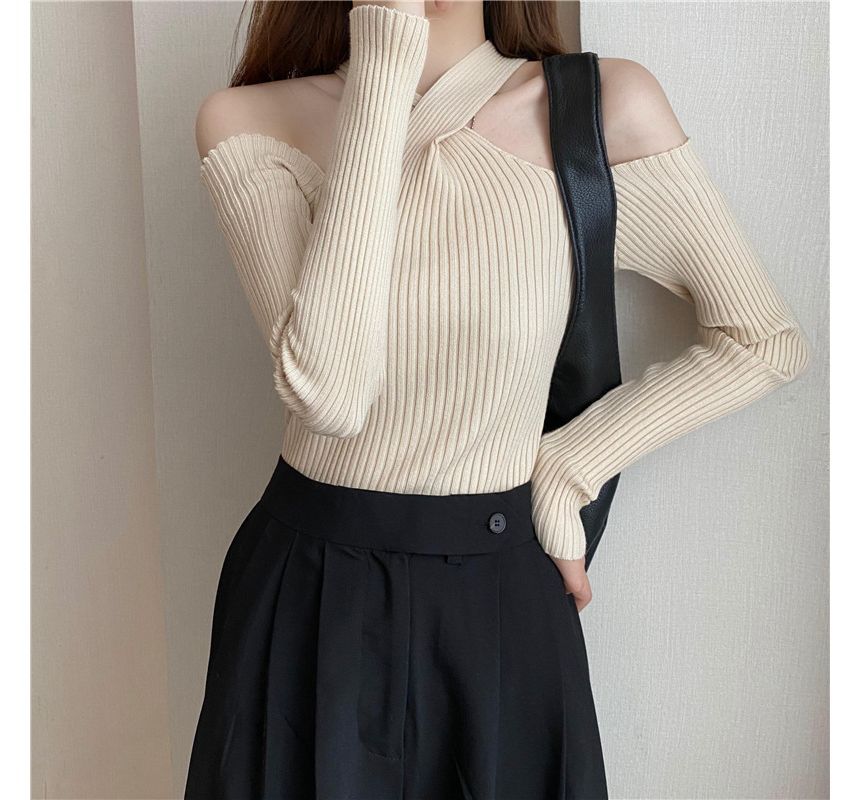 Cold-Shoulder Top Halter Plain Knit Long-Sleeve