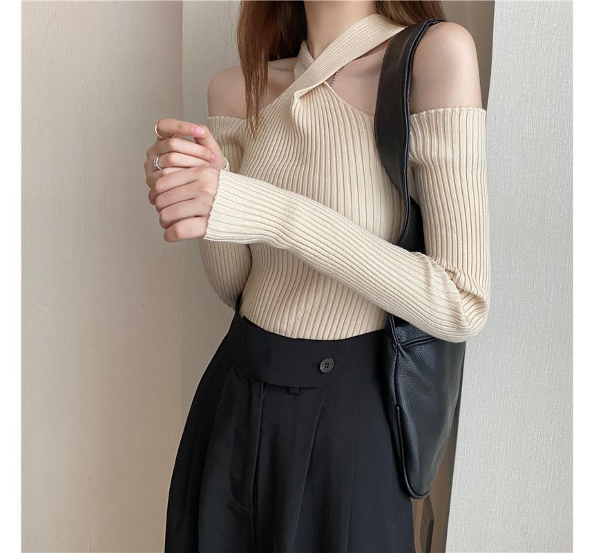 Cold-Shoulder Top Halter Plain Knit Long-Sleeve