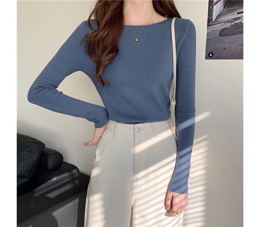 Top Slim-Fit Plain Long-Sleeve Knit