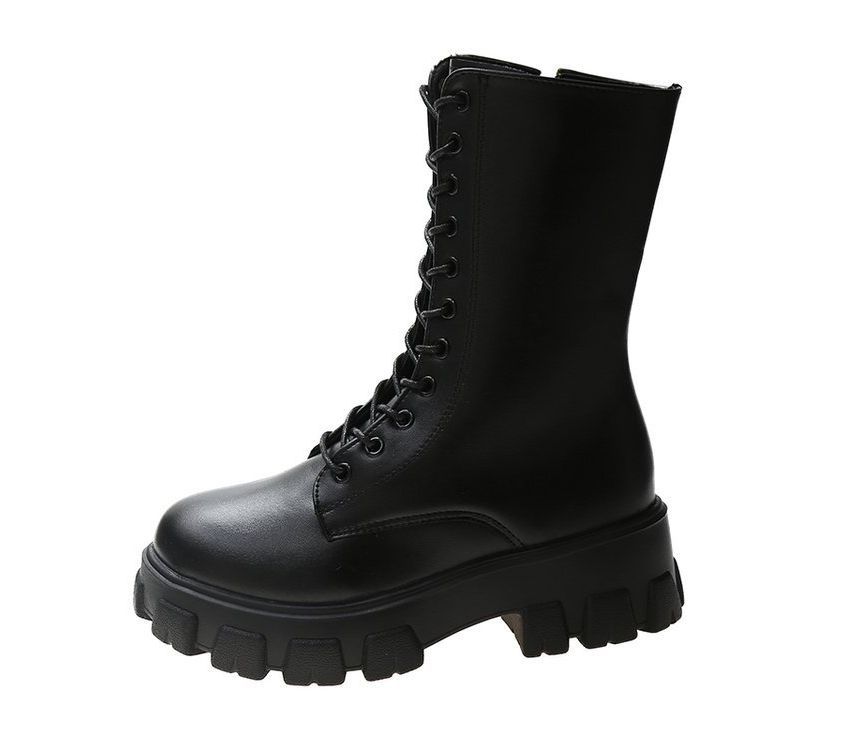 Platform Short Boots Faux Lace-Up Leather