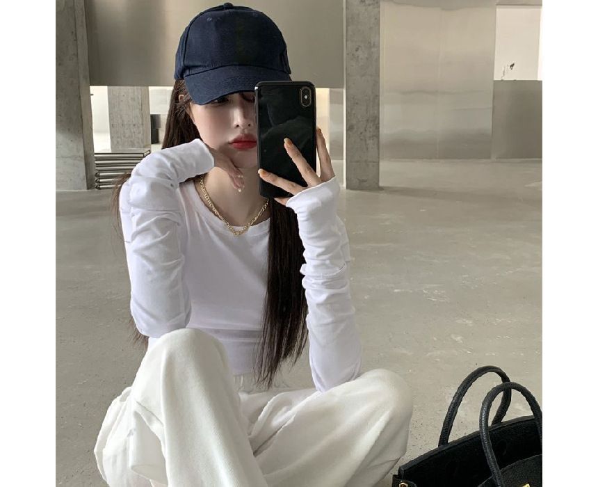 Crop Tee Round Long-Sleeve Fit Neck Plain Slim