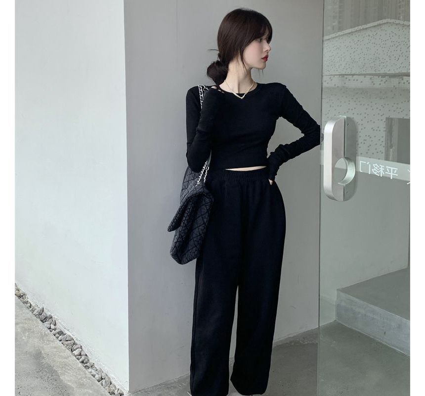 Crop Tee Round Long-Sleeve Fit Neck Plain Slim